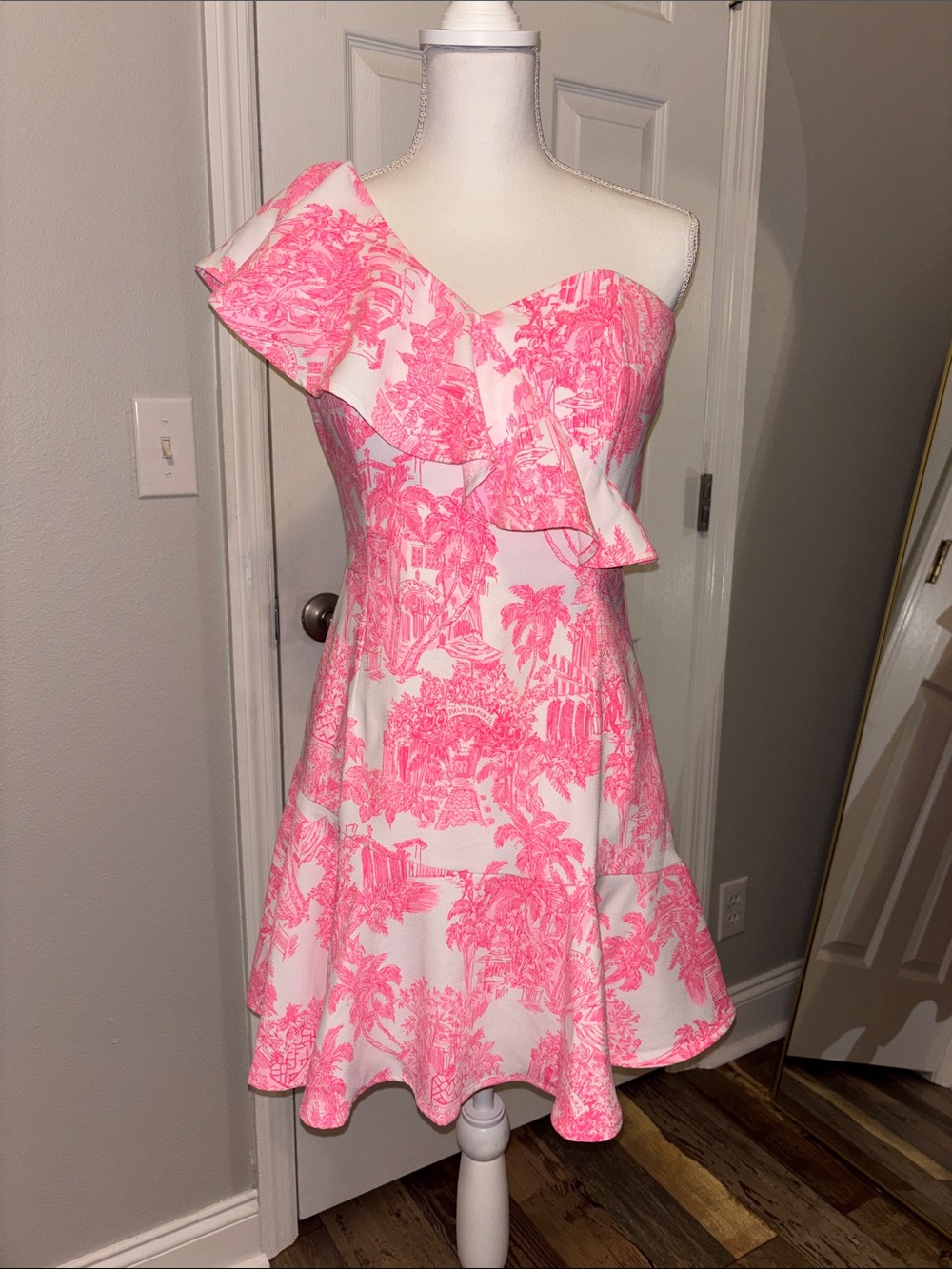 Lilly Pulitzer Pink and White One-Shoulder Ruffle A-Line Dress